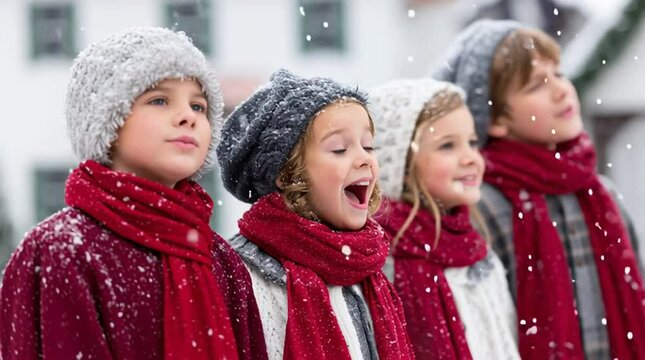 A group of Christmas carolers sings a festive holiday song in the cold winter season