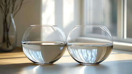 Two glass bowls with water reflecting window light on wooden table elegant simplicity minimalist still life capturing natural lighting