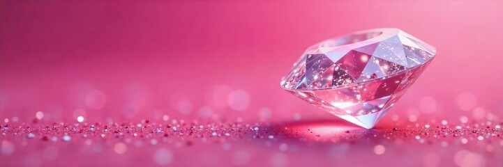 A sparkling diamond sits on a vibrant pink background, perfect for jewelry, luxury, and Valentine's Day themes Its facets catch the light beautifully, creating a glamorous image , magenta, romance