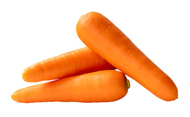 Side view of three fresh orange carrot roots in stack isolated with clipping path in png file format