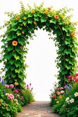 Luscious green vines overflowing with vibrant summer blooms, creating a lush, natural archway Perfect for summer, nature, garden, and growth themes , flowers, design, rustic