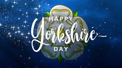 Happy Yorkshire Day Text Animation with waving flag and fireworks, suitable for celebrating Yorkshire pride in social media posts or event advertising.
