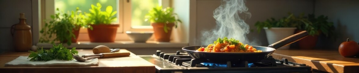 A cozy kitchen scene, sunlight streaming through a window illuminating a delicious meal cooking on the stove Fresh herbs and spices are nearby, adding to the home-cooked ambiance , meal, lunch
