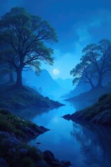 A serene landscape bathed in a calming blue hue, conveying leadership, trust, and serenity Perfect for concepts of authority, stability, and peaceful power , serenity, victory, goal
