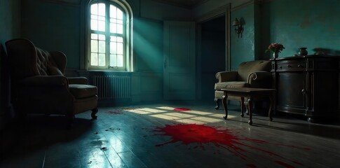 A dimly lit room, overturned furniture, a single crimson stain on the polished floor suggests a violent struggle and a tragic end , crime scene investigation, investigation