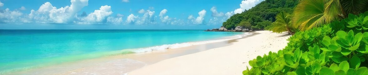 Lush green vegetation thrives on a pristine, sandy beach; turquoise waters gently lap the shore A tranquil, idyllic scene of nature's beauty , vegetation, tropical