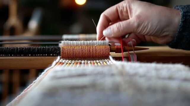Close-up of a hand weaving on a loom with thread and detailed work. The scene captures the craft process with focused detail