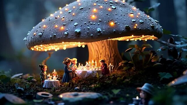 Fairytale scene of a mushroom illuminated by candlelight in a forest tiny figures around a table dining with candles