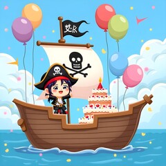 Cute chibi pirate child with cake and balloons on a ship, fantasy cartoon birthday scene, AI generated