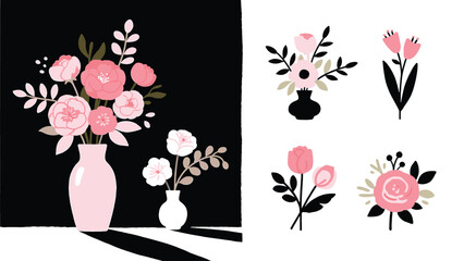 Vector art of set of elegant floral arrangements in pink and black silhouettes, isolated on white background