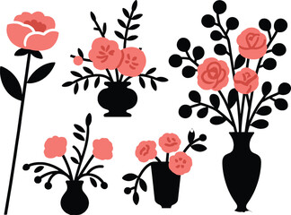Vector art of a collection of simple, modern floral arrangements in black silhouettes and pink flowers, isolated on white background