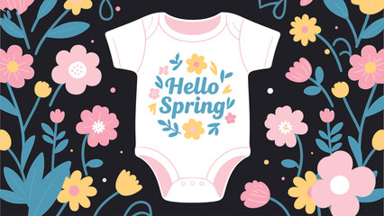 Vector art of adorable baby onesie with hello spring text and floral design, surrounded by colorful flowers on a dark background