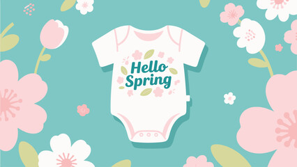 Vector art of cute baby onesie featuring a hello spring design and delicate flowers on a teal background