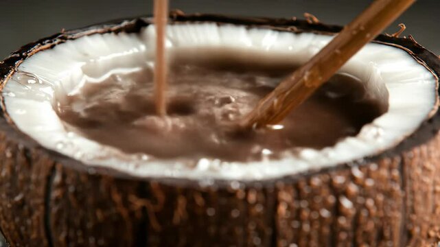 Chocolate being poured into a coconut shell