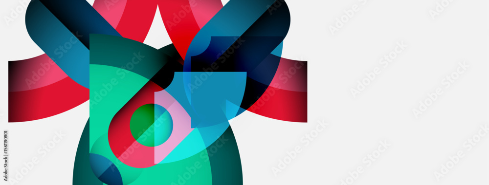 Poster abstract shapes overlap, creating vibrant color blends. teal, red, pink hues dominate composition. m