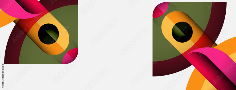 Poster Abstract geometric shapes, vibrant colors, overlapping layers create dynamic composition. Modern design, clean lines, visual harmony.