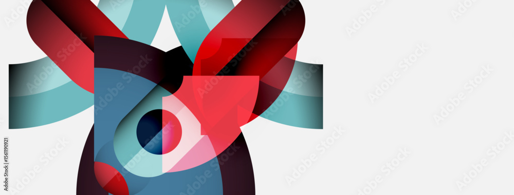 Poster abstract geometric shapes overlap, creating vibrant color blends. red, blue, turquoise dominate comp