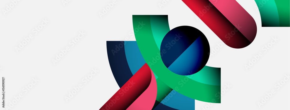 Poster abstract shapes overlap, creating dynamic composition. colors blendred, green, blueover white backgr