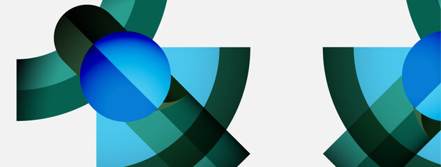 Obraz premium Abstract design features overlapping blue spheres, dark green ribbons. Minimalist composition, clean lines, modern aesthetic. Simple, elegant.