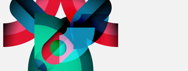 Abstract shapes overlap, creating vibrant color blends. Teal, red, pink hues dominate composition. Modern design, fluid forms present.