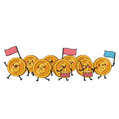 Naklejka premium Cute Cartoon Coins Parade with Flags and Drums Illustration