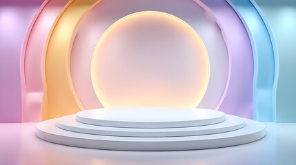 Minimal white podium with a glowing neon circle on a pastel blue background, ideal for product display, branding, mockups, ads, and modern presentations.