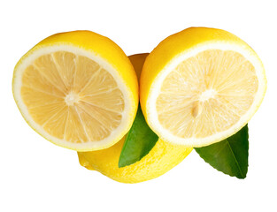 Top view of fresh ripe yellow lemon fruit with two halves and green leaves isolated on white background with clipping path