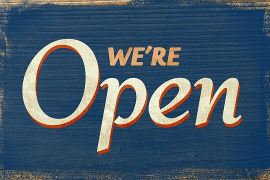 Fototapeta Flat design wooden 'We're Open' sign is showing on weathered blue plank backdrop with peeling paint
