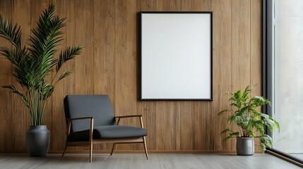 Interior scene featuring a gray chair with plants and a blank frame against a wood wall backdrop