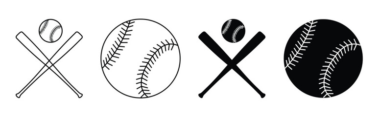 Baseball Icon Set. Baseball Icons Set Glove Ball Bat. Line art vector style illustration of two baseball bats crossed
