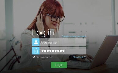 Login screen with redheaded woman and laptop