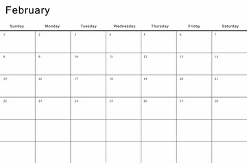Showing flat design February calendar grid with weekday labels, date numbers 1–28, title February