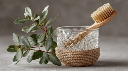 A beautifully arranged bathroom scene featuring a glass container, a bamboo toothbrush, and a green plant, creating a calming and eco-friendly atmosphere for self-care.