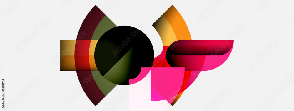 Poster abstract composition featuring overlapping colorful arcs, circles, shapes. minimalist design with vi
