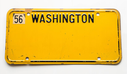 Yellow vintage Washington license plate with black numbers "Text Space" and a 1956 sticker. Worn edges suggest age, evoking nostalgia