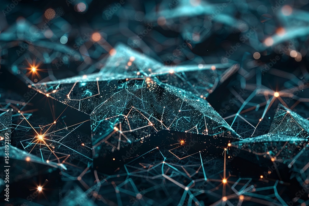 Poster abstract network features glowing nodes and interconnected geometric shapes in a digital environment