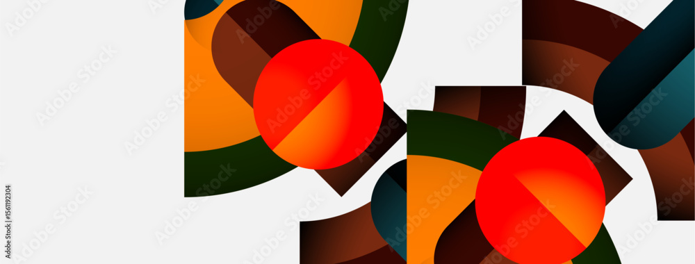 Poster abstract geometric composition. orange, brown, green shapes intersect with red circles. minimalist d