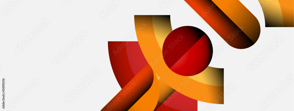 Poster abstract design features curved shapes, warm colors. red sphere dominates composition, orange layers