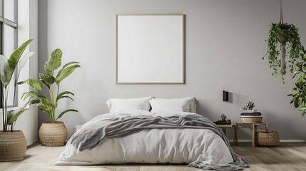A bedroom with a bed, a blank picture frame, plants, and a small table with decorative items on it