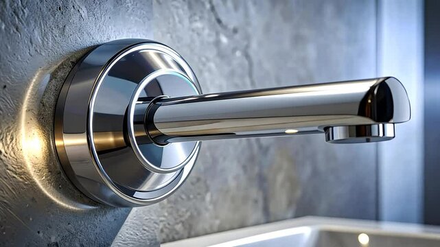 Closeup Modern Chrome Faucet On Concrete Wall
