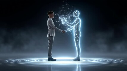 businessman with AI technology integration concept, A human and a humanoid figure exchanging energy in a futuristic setting. - Powered by Adobe