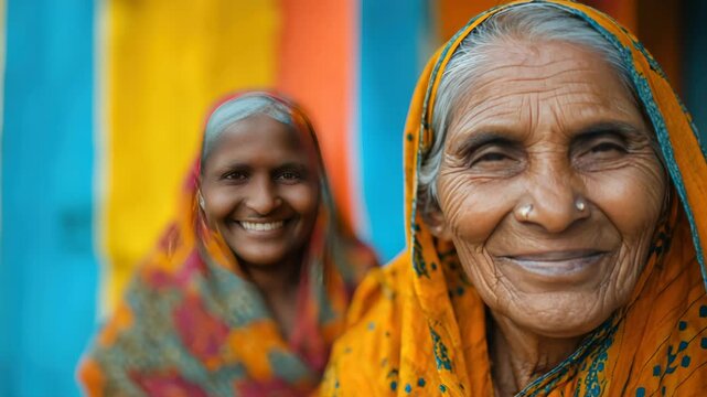 Two old Indian woman, friends looking at the camera