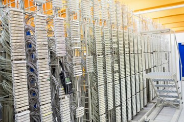 Vertical telecom distribution frame is being shown in flat design illustration, with bundled cables