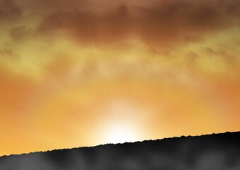 Rising sun is casting soft glow with faint lens flares over jagged hillside silhouette, flat design