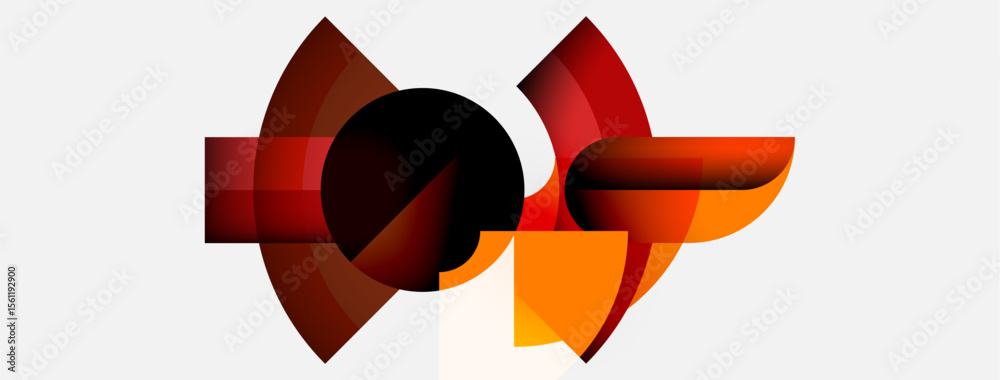 Poster Abstract design features overlapping orange, red shapes. Minimalist composition with gradient effects, creating dynamic visual impact.