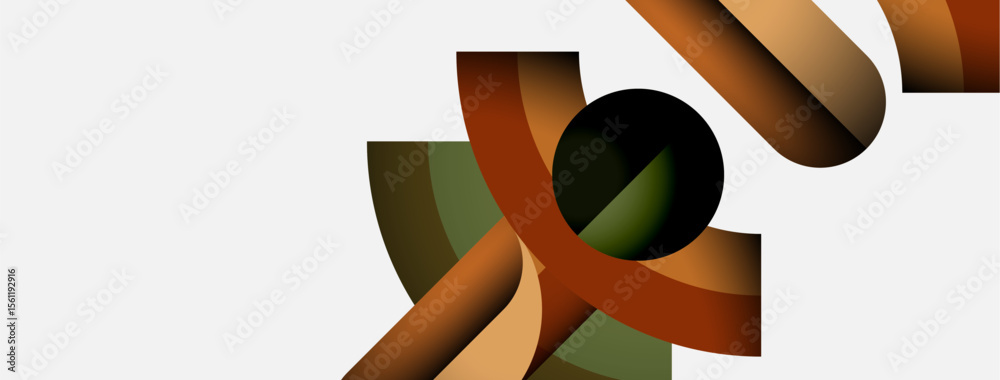 Poster abstract shapes overlap, creating dynamic composition. brown, olive, black hues dominate white backg