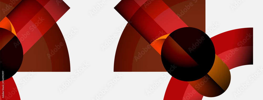 Poster Abstract geometric shapes, red tones dominate. Circular forms intersect, creating dynamic visual pattern. Minimalist design, modern aesthetic.
