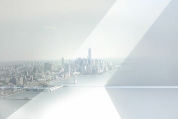 Central tower is rising by waterfront piers in 3D render, with lens flare on reflective glass