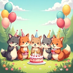 Obraz premium Group of kawaii forest animals having birthday party with balloons and cake, cartoon nature setting