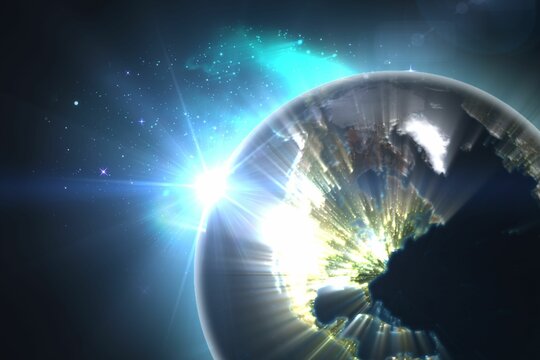 Fototapeta 3D render showing Earth orbiting sun, glowing city lights, lens flares, nebula glow and starfield